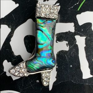 Abalone Shell Rhinestone Silver Boots Brooch
